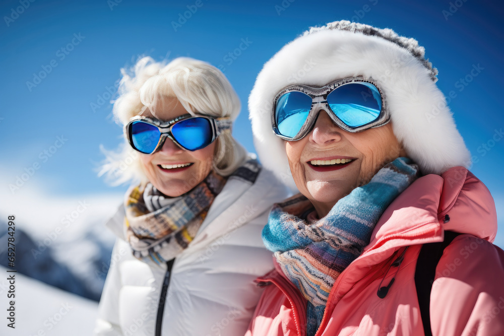 Beautiful couple of women enjoying a winter day outdoors, capturing their happiness in a selfie.