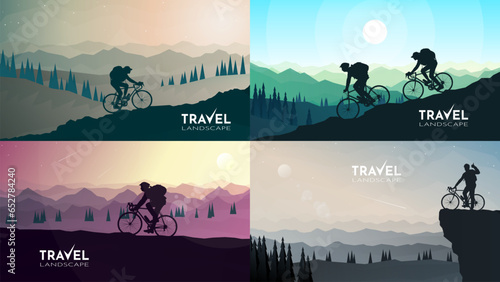 Mountain biking. Travel concept of discovering, exploring and observing nature. Mountain bike. Cycling. Adventure tourism. Minimalist graphic set flyer, coupon, voucher, gift card. Vector illustration