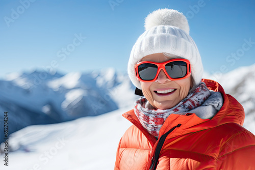 A cheerful old woman enjoys the beauty of winter, her smiling face framed by a hat. She exudes happiness and elegance as she explores the snowy nature, embodying the joy of winter holidays.