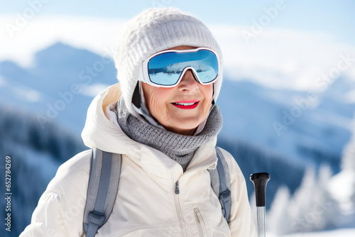 Happy female skier enjoying a thrilling descent on beautiful snow-capped mountains.