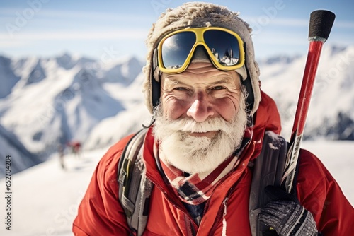 An elderly man with a beard enjoys an active winter holiday in the mountains, personifying the joy of adventure in the cold season.