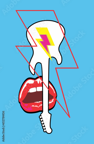 Design for an electric guitar t-shirt with the lightning bolt symbol and sensual red lips on a light blue background. 80s glam rock poster.
