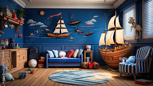 Nautical-themed children's room with ship motifs and navy stripes. photo