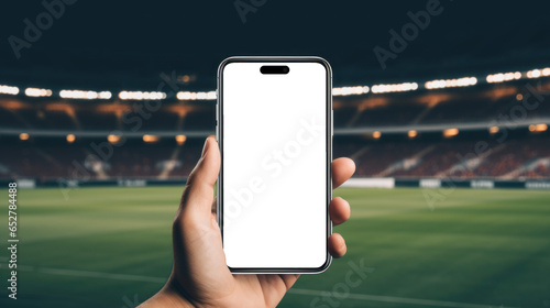 mockup image of smartphone with blank transparent screen, in hand by the football stadium with stands environment furnishings. For betting and sports fans apps and websites marketing and advertising p