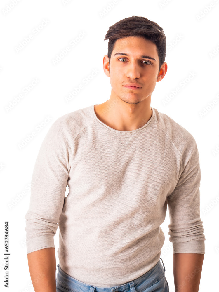 A man in a white shirt is posing for a picture, isolated on white background in studio shot A man in a white shirt is posing for a picture, isolated on white background in studio shot