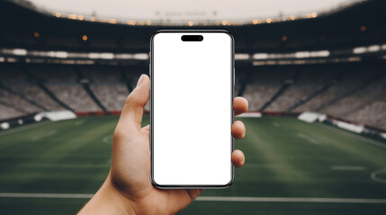 mockup image of smartphone with blank transparent screen, in hand by the football stadium with stands environment furnishings. For betting and sports fans apps and websites marketing and advertising p