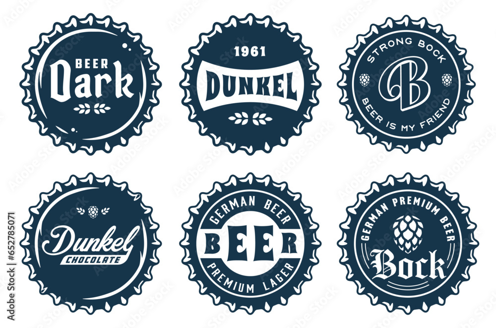 Monochrome beer cap vector set for design of brew beer in a brewery. The collection of metal corks for logos of craft brewing Monochrome beer cap vector set for design of brew beer in a brewery. The collection of metal corks for logos of craft brewing