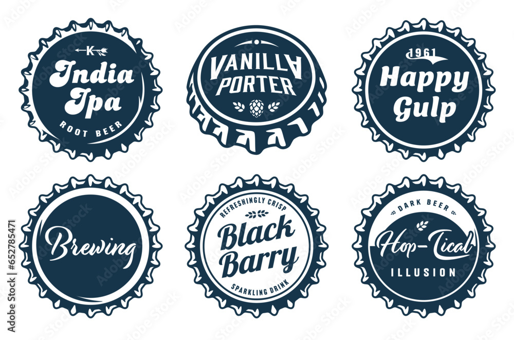 Monochrome beer cap vector set for design of brew beer in a brewery. The collection of metal corks for logos of craft brewing Monochrome beer cap vector set for design of brew beer in a brewery. The collection of metal corks for logos of craft brewing