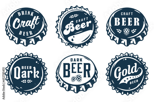 Monochrome beer cap vector set for design of brew beer in a brewery. The collection of metal corks for logos of craft brewing