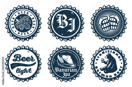 Monochrome beer cap vector set for design of brew beer in a brewery. The collection of metal corks for logos of craft brewing