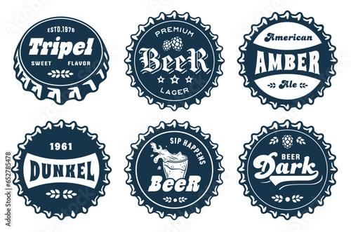 Monochrome beer cap vector set for design of brew beer in a brewery. The collection of metal corks for logos of craft brewing