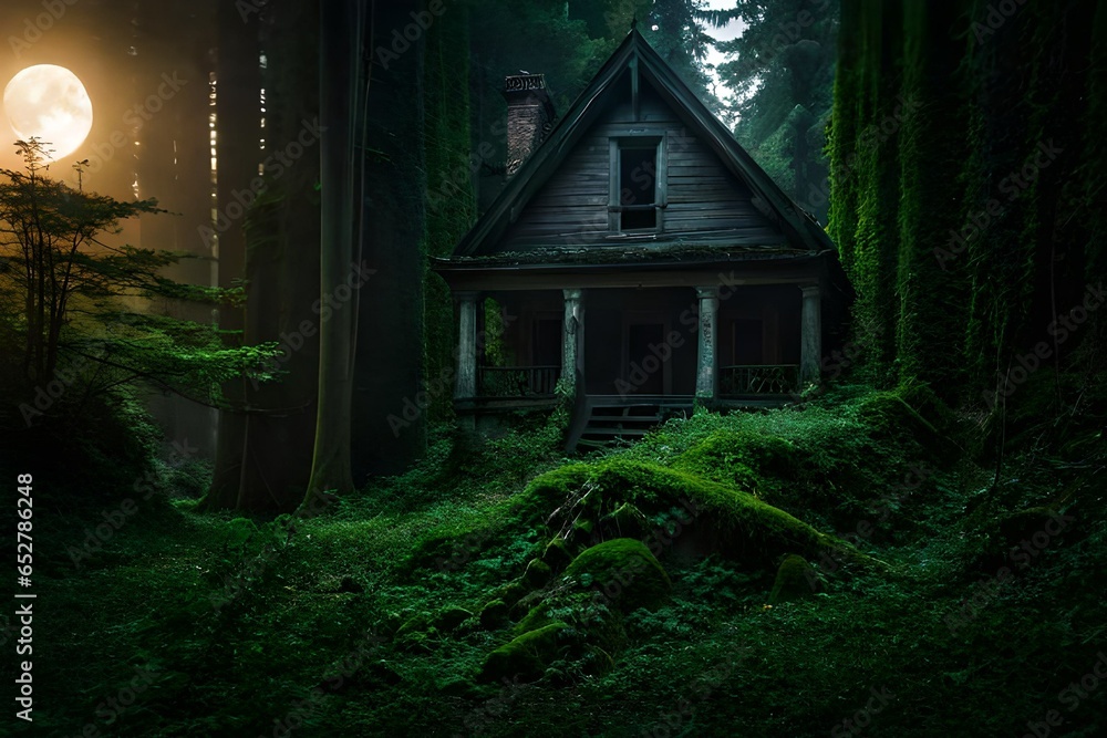 A mysterious haunted house nestled deep within a dense, ancient forest, illuminated by the eerie glow of a full moon, its timeworn walls covered in creeping ivy and shattered windows A mysterious haunted house nestled deep within a dense, ancient forest, illuminated by the eerie glow of a full moon, its timeworn walls covered in creeping ivy and shattered windows