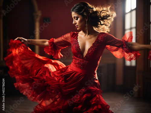Flamenco Female Dancer In a Fiery Red Vibrant Dress, Dancing, Movements, Hair Flowing, Passion and Emotion, Modern Photography