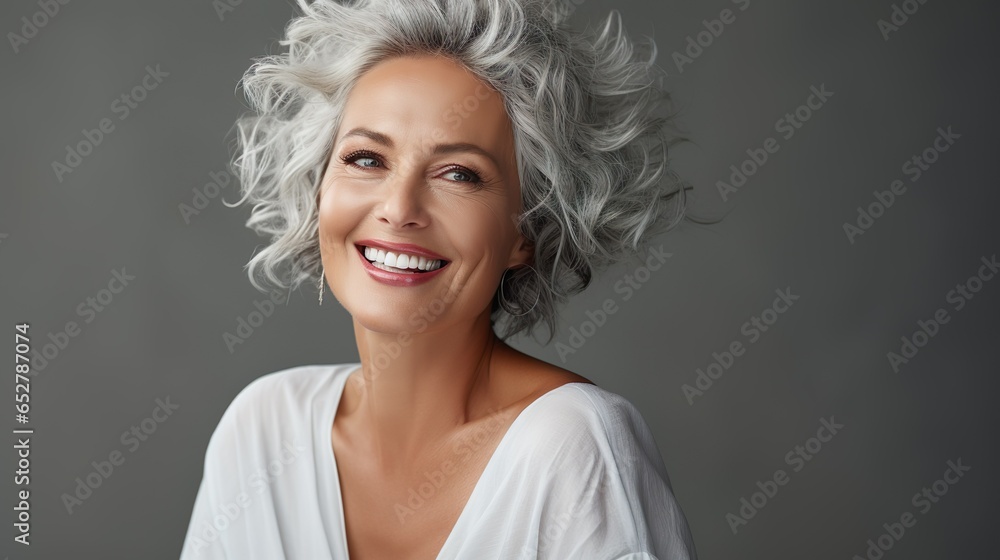 Elderly woman with gray hair is laughing and smiling, mature old lady with healthy face ans skin and white teeth | Generative AI - obrazy, fototapety, plakaty 