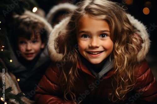 portrait of young kids at winter season - Christmas vibes - Happiness