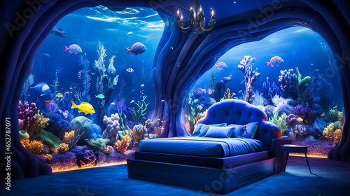 Underwater-themed children's room with fish decals and blue lighting
