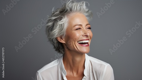 Elderly woman with gray hair is laughing and smiling, mature old lady with healthy face ans skin and white teeth | Generative AI