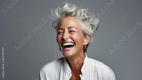 Elderly woman with gray hair is laughing and smiling, mature old lady with healthy face ans skin and white teeth © DigitalDreamscape