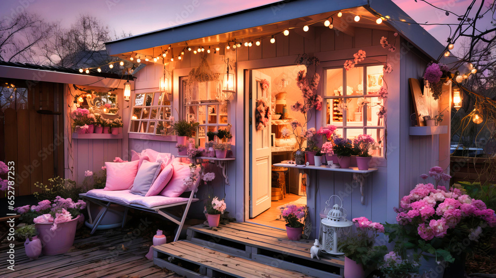 Naklejka premium Cozy she-shed with pastel tones, lace, and crafting tables.