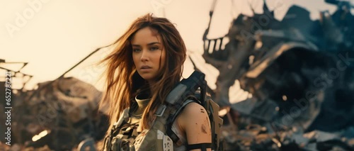 Portrait of woman in futuristic amour standing in apocalyptic scene of destroyed after war city with debris, smoke and fire. Anamorphic 4k footage photo