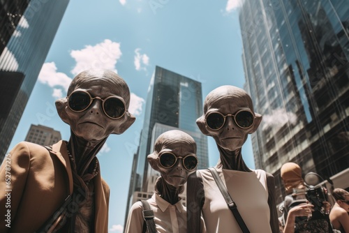 family of aliens walking down the street of a modern city as tourists, ai tools generated image
