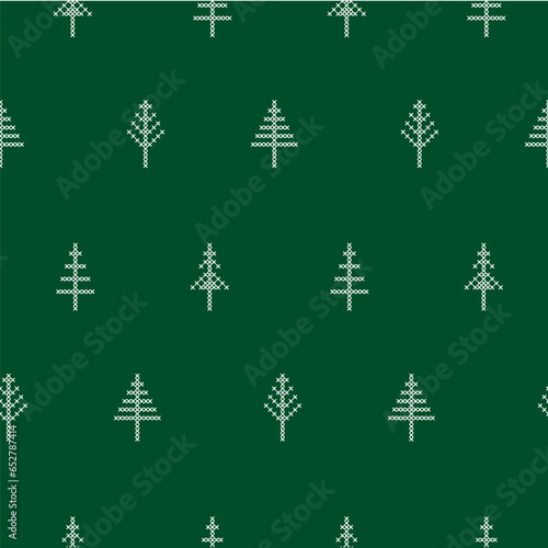 Seamless Pattern with Christmas tree in peasant folk rustic motif. cross stitch background with fir tree