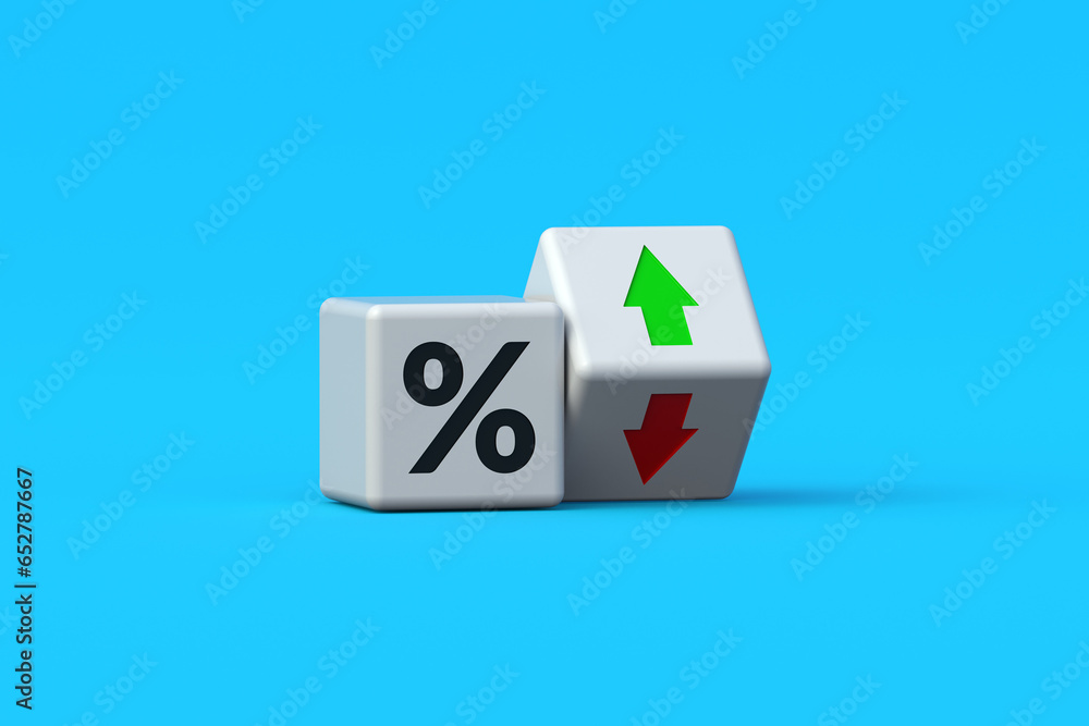Percent sign and arrows on cubes. Interest rate change. Business concept. Loans value. Investing ranking. Mortgage percentage. 3d render Percent sign and arrows on cubes. Interest rate change. Business concept. Loans value. Investing ranking. Mortgage percentage. 3d render