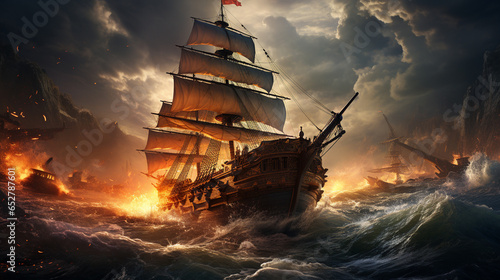 Pirate ship at the open sea at the sunset photo