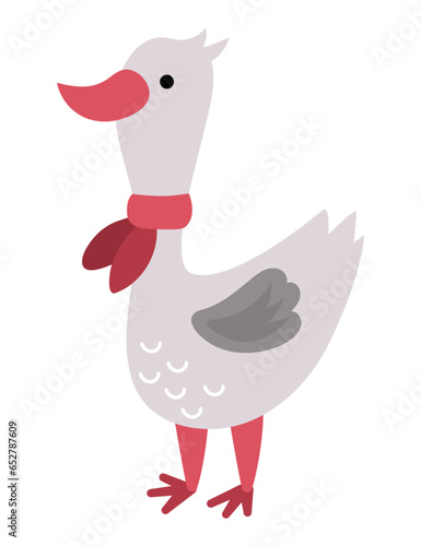 Goose in red scarf. Domestic or farm bird vector illustration. Cute character icon isolated on white background. French symbol picture.