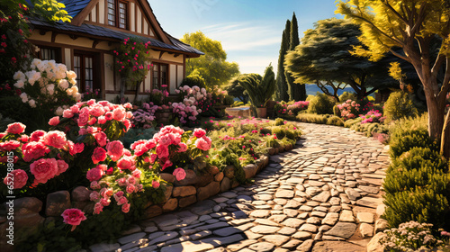 English country garden with stone paths and rose bushes.