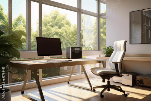 Natural light of blurred foliage plant and sleek desk in background of minimalist home office. Business concept for home or work.