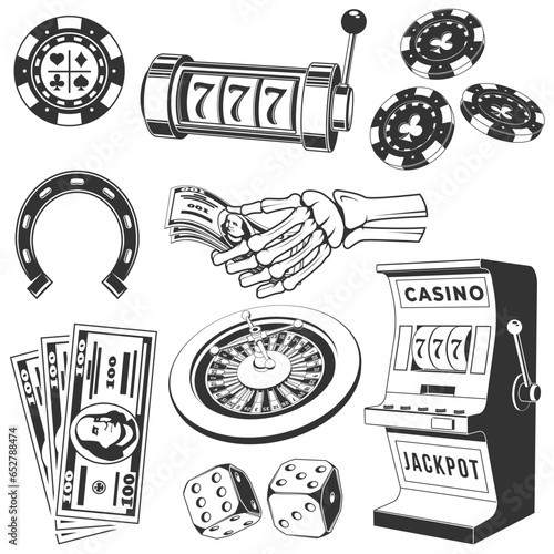 Vintage Casino and gambling tools and elements silhouettes set in monochrome style isolated. Vector. Set include skeleton hand holding dollar banknotes, casino chips, two dice, slot machine, money