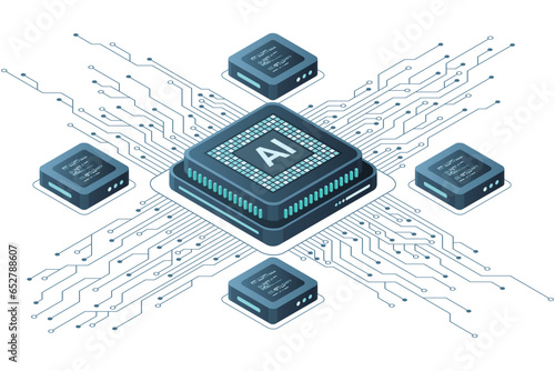 Isometric artificial intelligence chip concept. Artificial intelligence concept. Futuristic microchip processor. Vector illustration