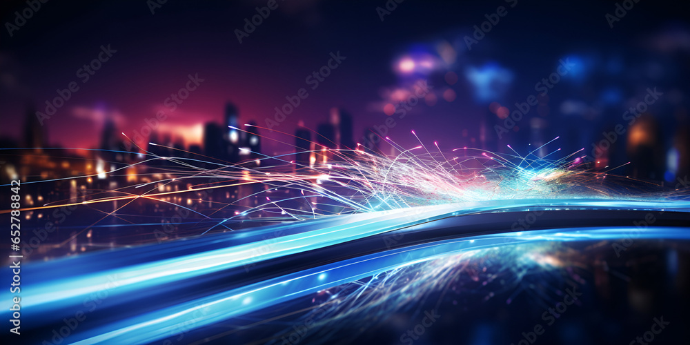 Smart digital city with high speed light trail of cars of digital data transfer Night Rush Images Warp speed hyper loop with light from buildings in mega city at night.  generative ai

 - obrazy, fototapety, plakaty 