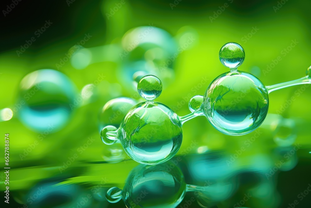 Green Hydrogen H2 molecules in a green background - obrazy, fototapety, plakaty 