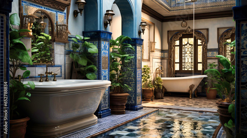 Turkish hammam-inspired bathroom with ornate tiles and steam features. photo