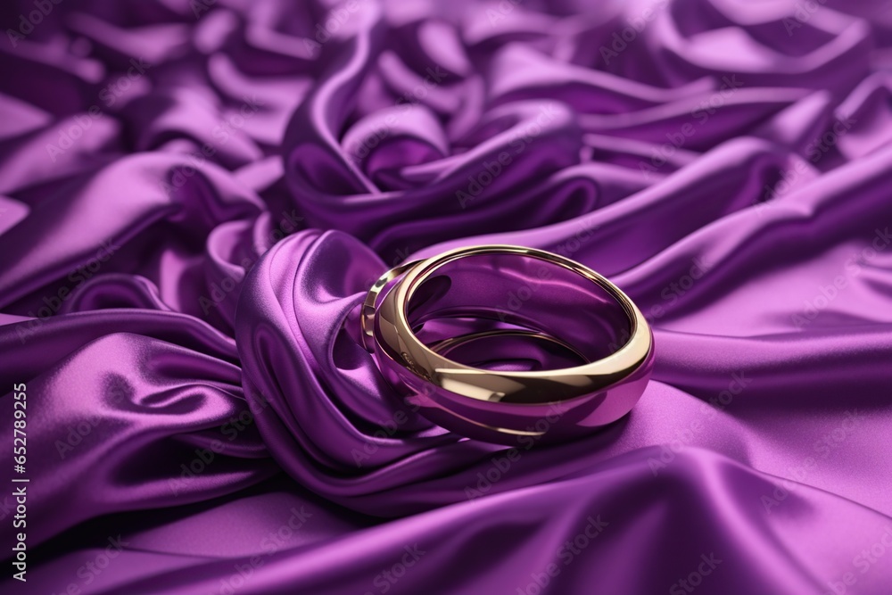 Golden Ring on Soft Purple Silk Fabric, Celebration Wedding and Marriage Love, using Generative Ai Golden Ring on Soft Purple Silk Fabric, Celebration Wedding and Marriage Love, using Generative Ai
