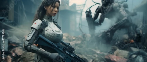Portrait of sci-fi female soldier in futuristic amour standing in apocalyptic scene of destroyed after war city with debris, smoke and fire. Anamorphic 4k footage photo