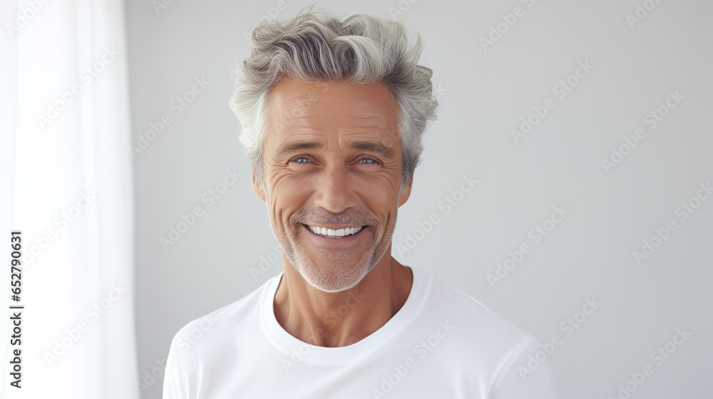 Elderly, older man with gray hair is laughing and smiling, mature old lady with healthy face ans skin and white teeth - obrazy, fototapety, plakaty 