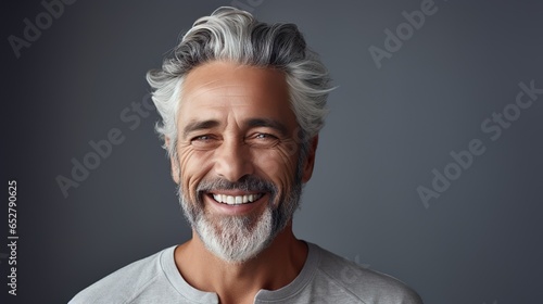 Elderly, older man with gray hair is laughing and smiling, mature old lady with healthy face ans skin and white teeth photo