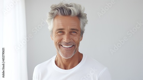 Elderly, older man with gray hair is laughing and smiling, mature old lady with healthy face ans skin and white teeth