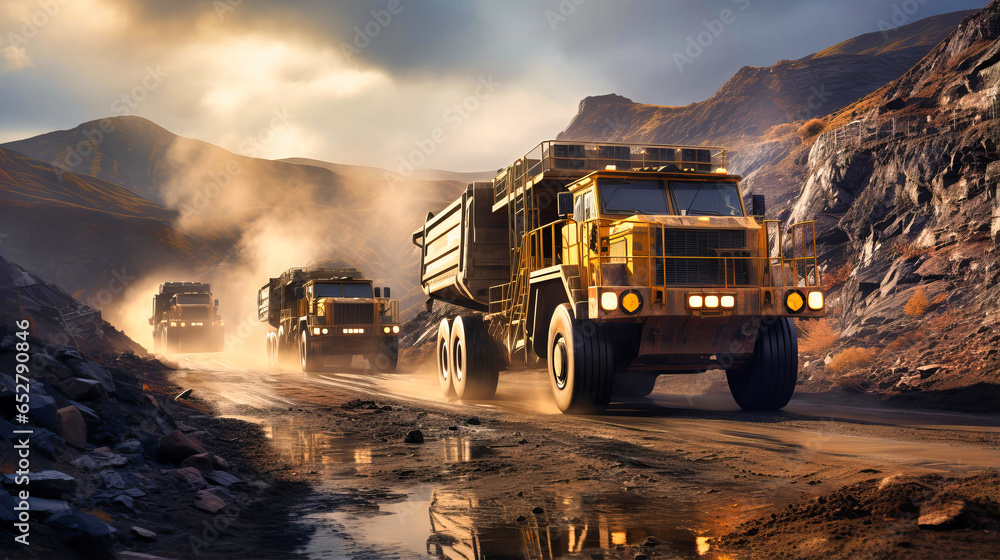 Heavy trucks operating in an open-pit mine, Heavy trucks operating in an open-pit mine,