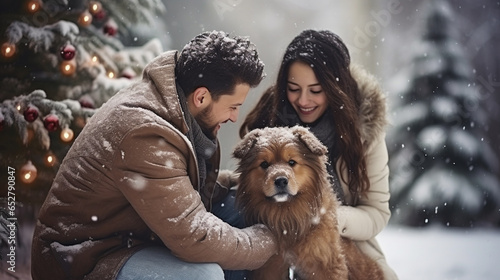 couple walking dog winter. a young couple celebrates Christmas together