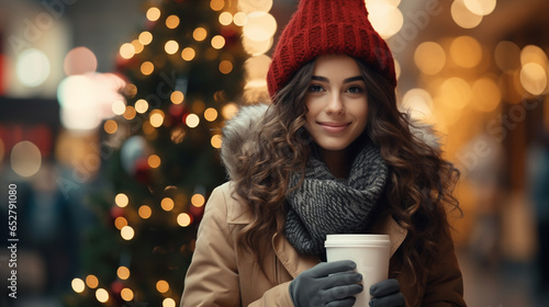 people, hot drinks and leisure concept - happy woman drinking takeaway coffee outdoors in winter with festive lights on background photo