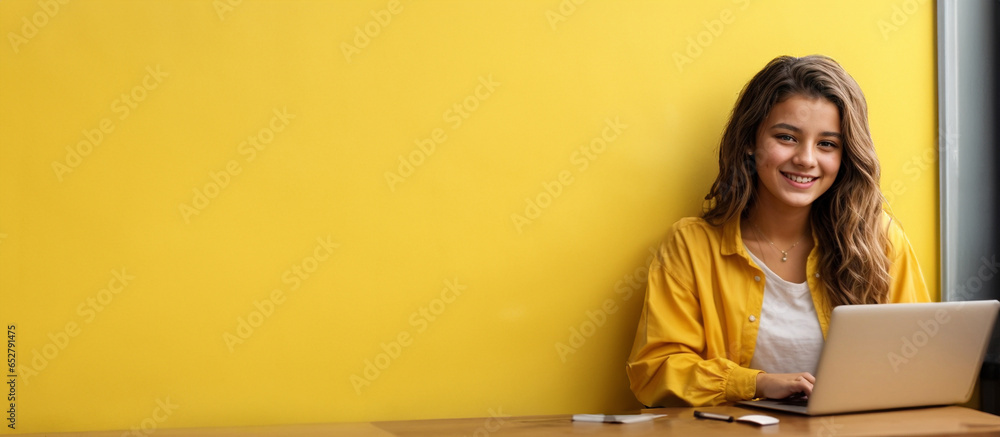 Smiling teen girl using laptop for online study on yellow background Happy student in educational webinar - obrazy, fototapety, plakaty 