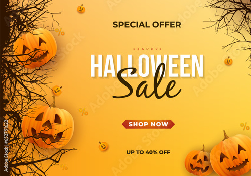 Happy halloween horizontal sale banner for promotion with realistic pumpkins and creepy dead tree brunches