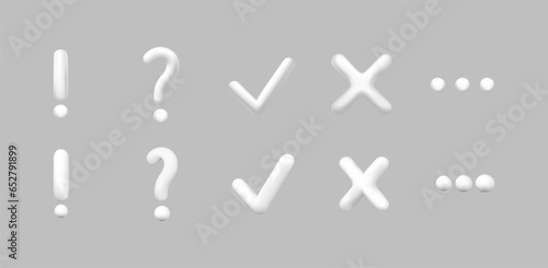 3D exclamation and question mark, check and cross, tick and continue sign. 3d emblems with computer signs, check button, minimal button, ok and cross sign, message type symbol