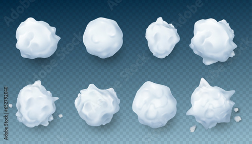 Realistic snow 3d splats of ice frost ball, round and sphere natural ball vector illustration. Winter children games snowball, Christmas holiday fun, snow fight splat set, various shapes