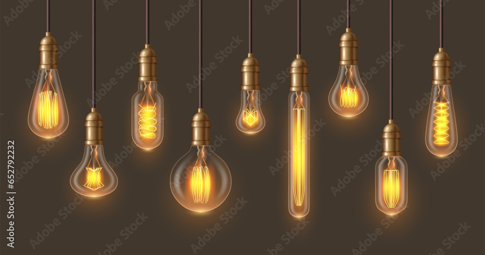 Filament retro lamps in realistic design. Glowing ceiling chandelier set of light vector illustration. Incandescent light bulbs of different types and shapes, retro loft interior decoration lamp Filament retro lamps in realistic design. Glowing ceiling chandelier set of light vector illustration. Incandescent light bulbs of different types and shapes, retro loft interior decoration lamp