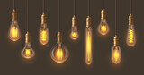 Filament retro lamps in realistic design. Glowing ceiling chandelier set of light vector illustration. Incandescent light bulbs of different types and shapes, retro loft interior decoration lamp